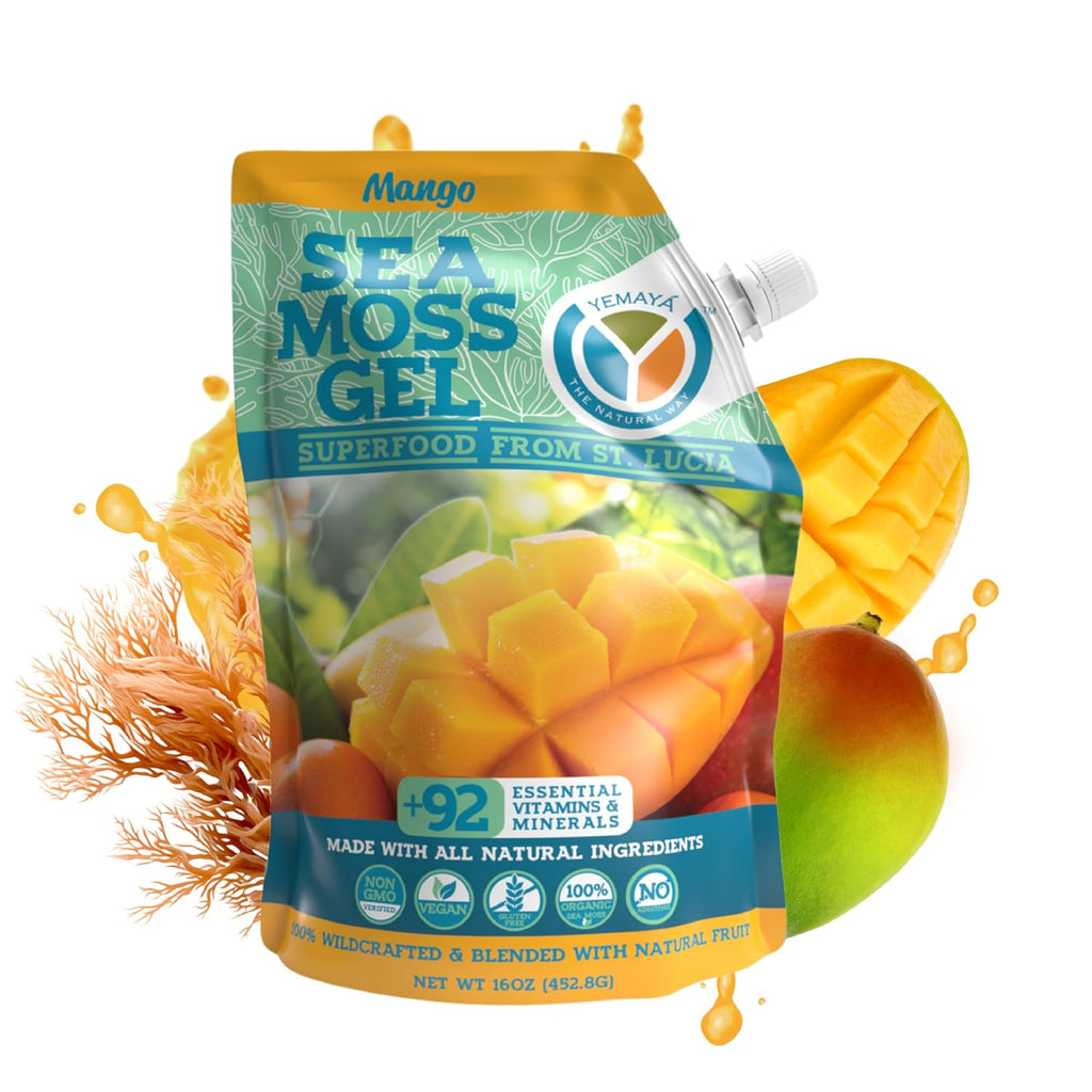 Yemayá Organic Sea Moss Gel Mango | Wildcrafted Seamoss Gel Enhanced with Real Fruit, Energy, Digestion, Hair, Skin & Nails | Mango Flavor, 16 oz