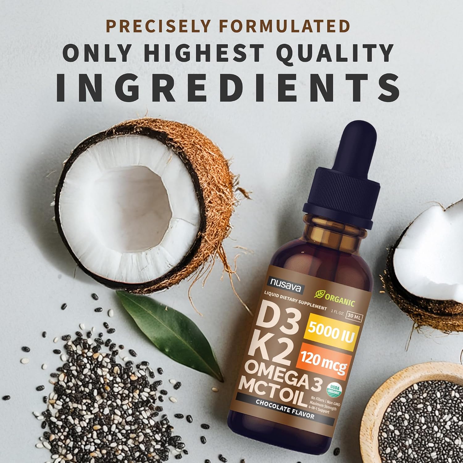 NUSAVA Organic Vitamin D3 K2 Drops with MCT Oil & Omega 3 - 5000 IU, Chocolate, 2 Pack, 2 Fl Oz