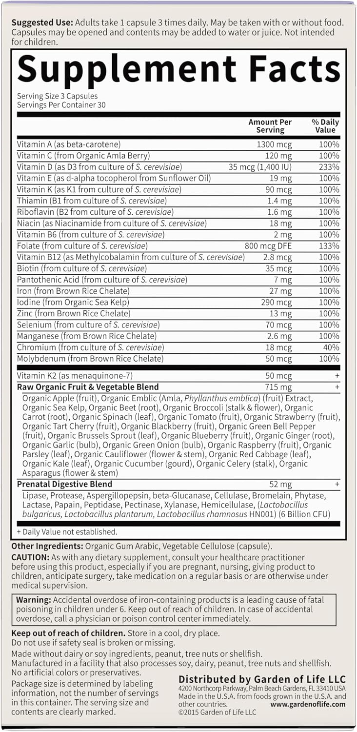 Garden of Life Vitamin Code Raw Multivitamínico Prenatal con Hierro, Ácido Fólico y Probióticos - 90 Cápsulas (30 Días)