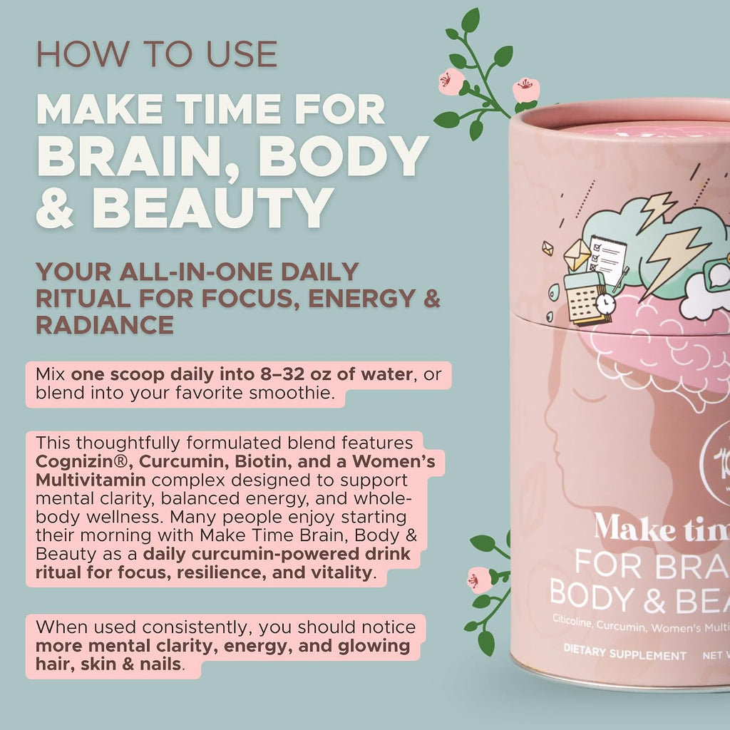 MAKE TIME Brain Health Powder - Suplemento en Polvo para Mujer (Salud Cerebral, Energía y Belleza) - 7.4 oz (30 raciones)