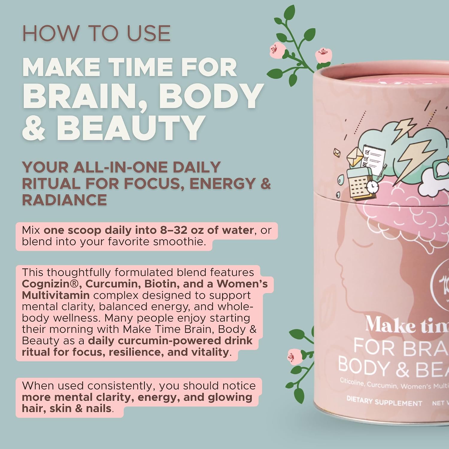 MAKE TIME Brain Health Powder - Suplemento en Polvo para Mujer (Salud Cerebral, Energía y Belleza) - 7.4 oz (30 raciones)