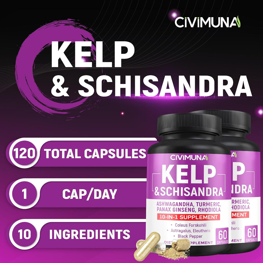CIVIMUNA Cápsulas de Kelp con Schisandra, Ashwagandha y Más - 120 Cápsulas (Pack de 2) - 4 Meses de Suministro