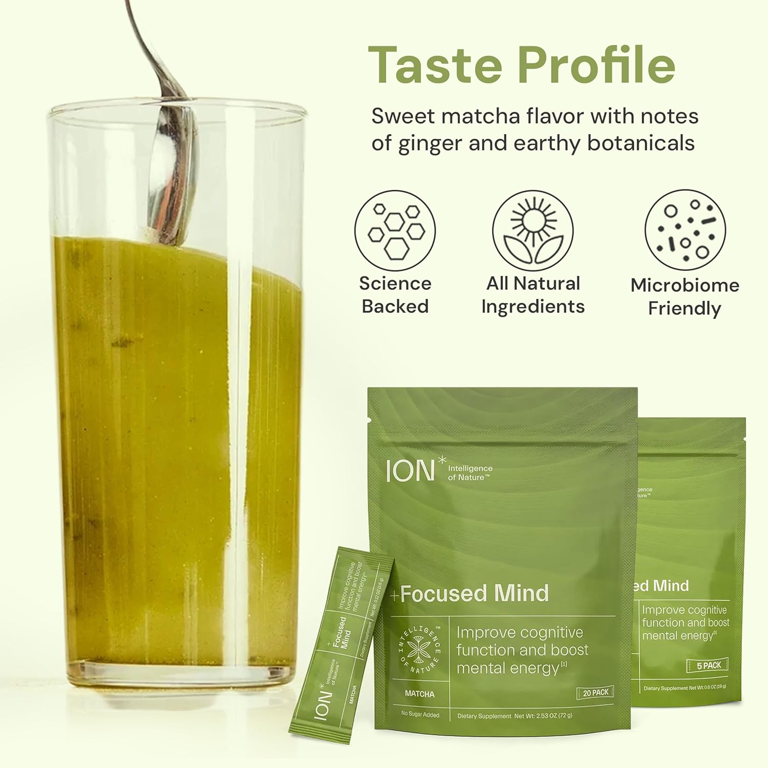 ION* Intelligence of Nature Focused Mind Nootropic Powder Drink Mix - Brain Boost con Matcha para Memoria, Concentración y Relajación - 20 Sobres