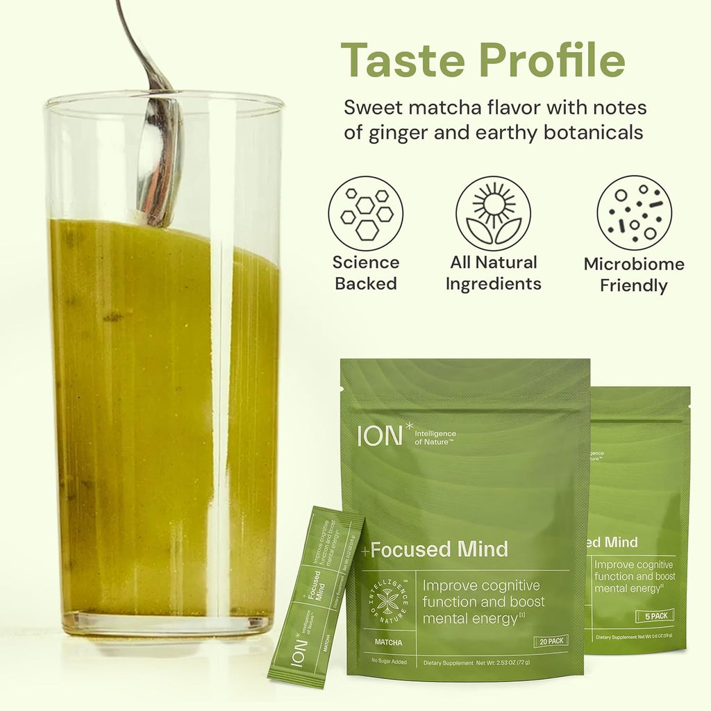 ION* Focused Mind Mezcla en Polvo Nootrópica - Bebida con Matcha para Memoria, Concentración y Relajación - 5 Sobres
