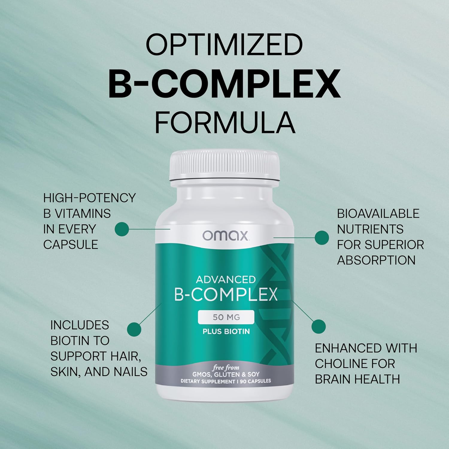 Omax3 Advanced Vitamin B Complex 50mg con Biotina - 2 Botes (180 cápsulas)