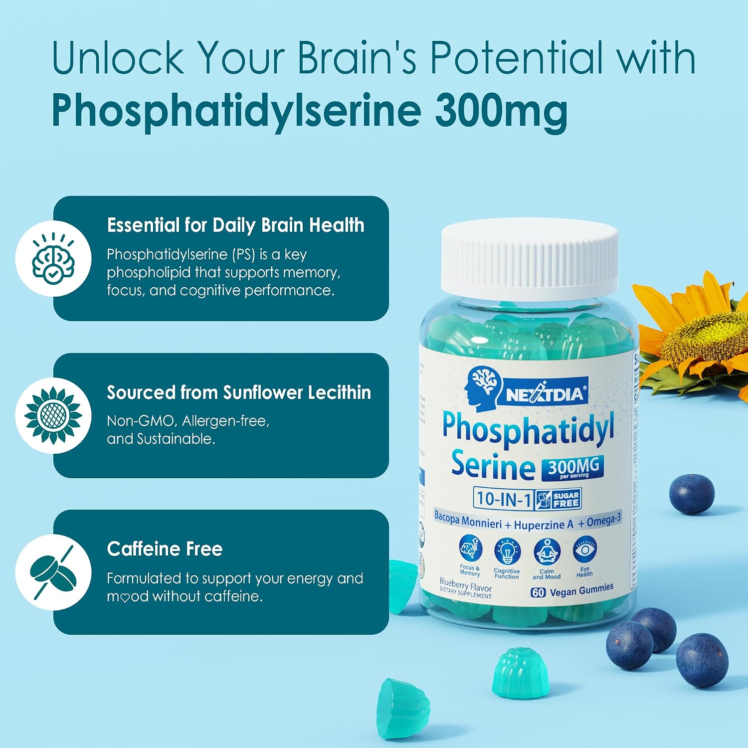 Fosfatidilserina - Gominolas Nootrópicas para Enfoque y Energía + Bacopa Monnieri, Omega 3, Huperzina A, Metil B12 y B6 para Mayores, Gamers y Trabajadores, No OGM, Sin Cafeína, Sin Azúcar, 2 Paquetes