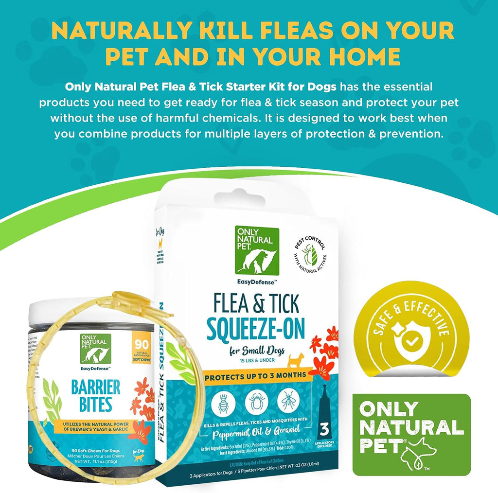 Only Natural Pet Kit de Bienestar 3 en 1 para Perros Pequeños – Incluye Squeeze-On, Barrier Bites y Collar Protector