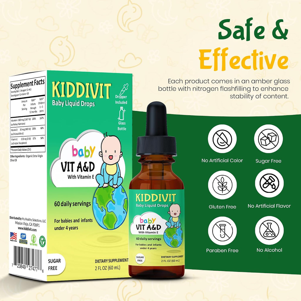 Kiddivit Baby Vitamin A&D Liquid Drops – Gotas de Vitaminas A y D con Vitamina E para Bebés