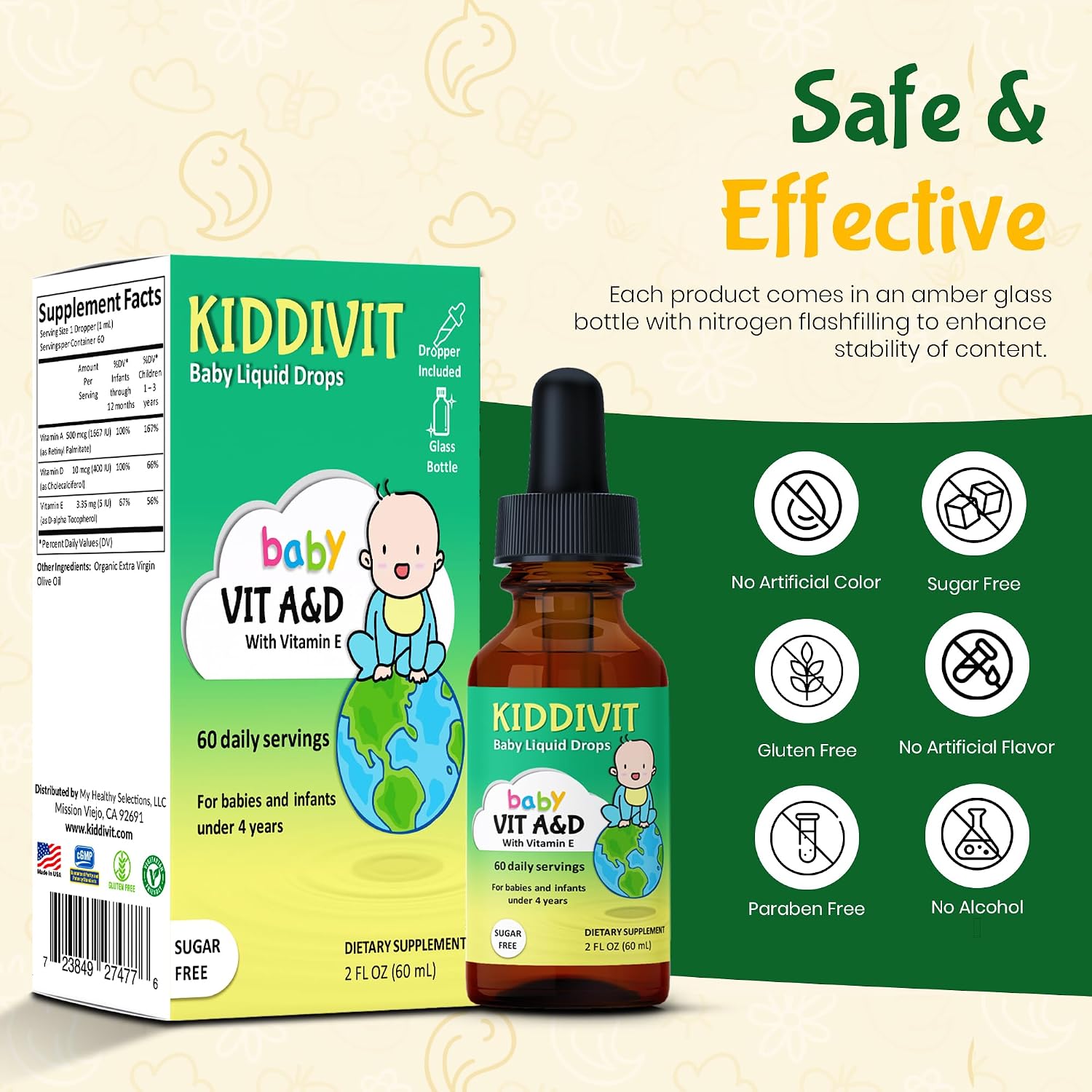 Kiddivit Baby Vitamin A&D Liquid Drops – Gotas de Vitaminas A y D con Vitamina E para Bebés