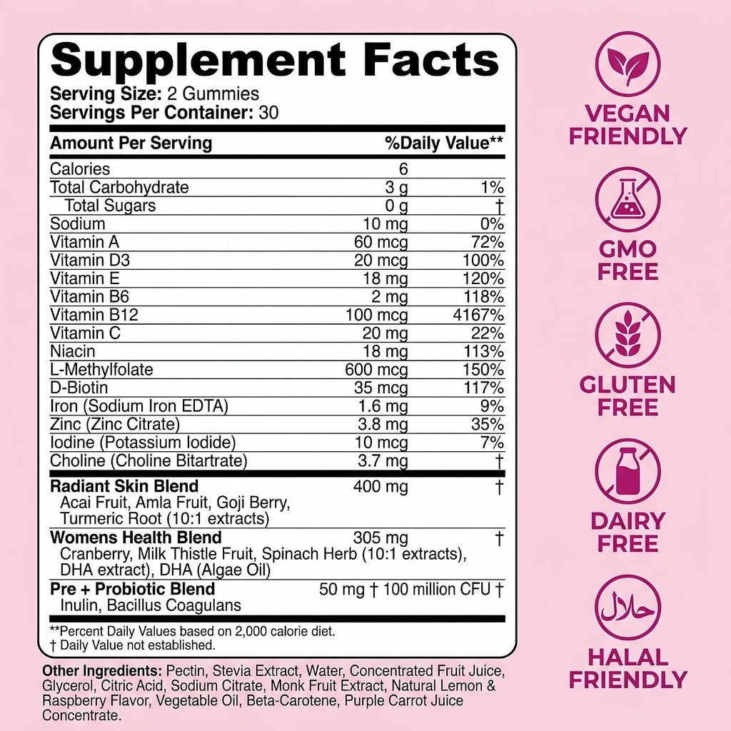 Sakoon nutrition Gominolas Multivitamínicas para Mujeres con Probióticos y Prebióticos - Apoyo Diario Completo, Salud Inmune y Digestiva - Vegano, Sin Gelatina, Sabor Fruta