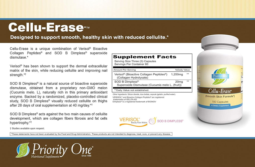 Priority One Vitamins - Cellu-Erase 180 Cápsulas Vegetarianas - Fórmula para Piel Suave* Reducción de Celulitis*