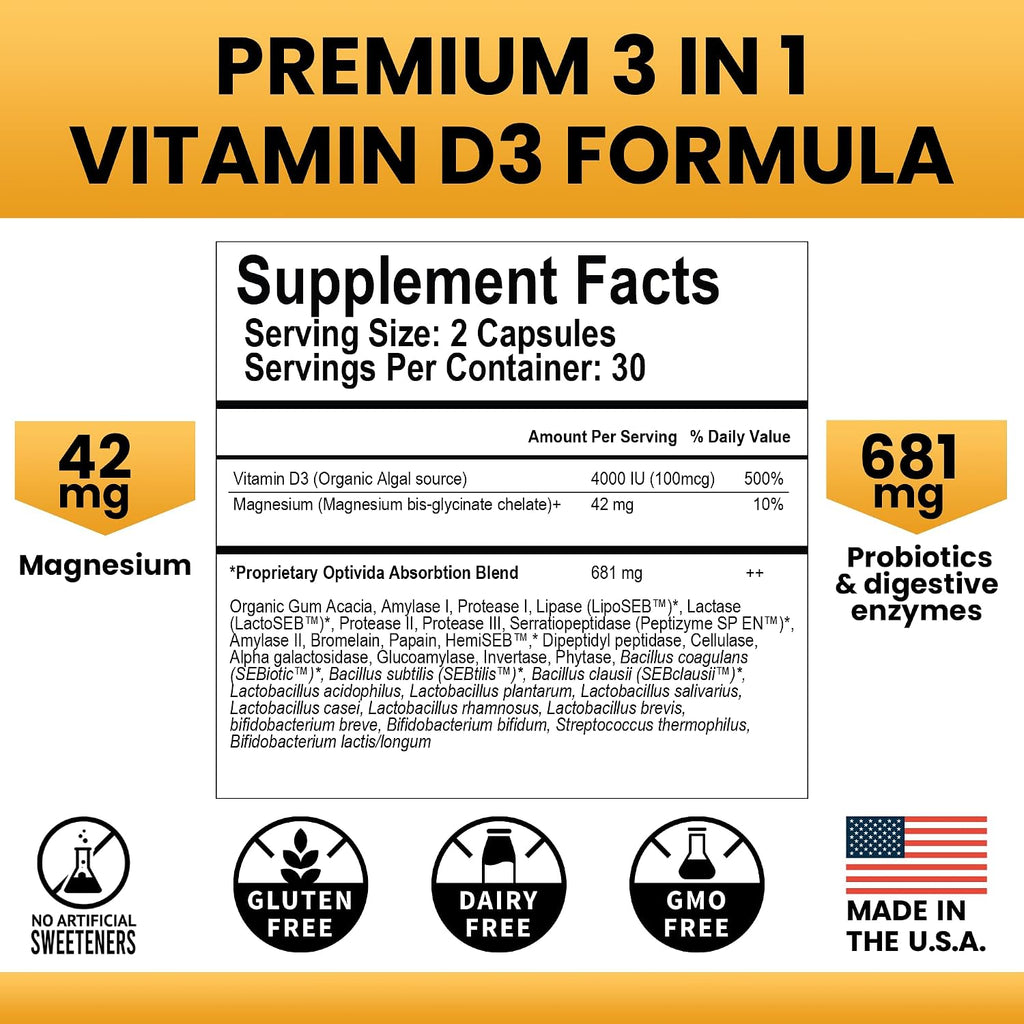 OPTIVIDA Vitamina D3 Vegana 4000 UI con Magnesio, Probióticos y Enzimas Digestivas - 60 Cápsulas