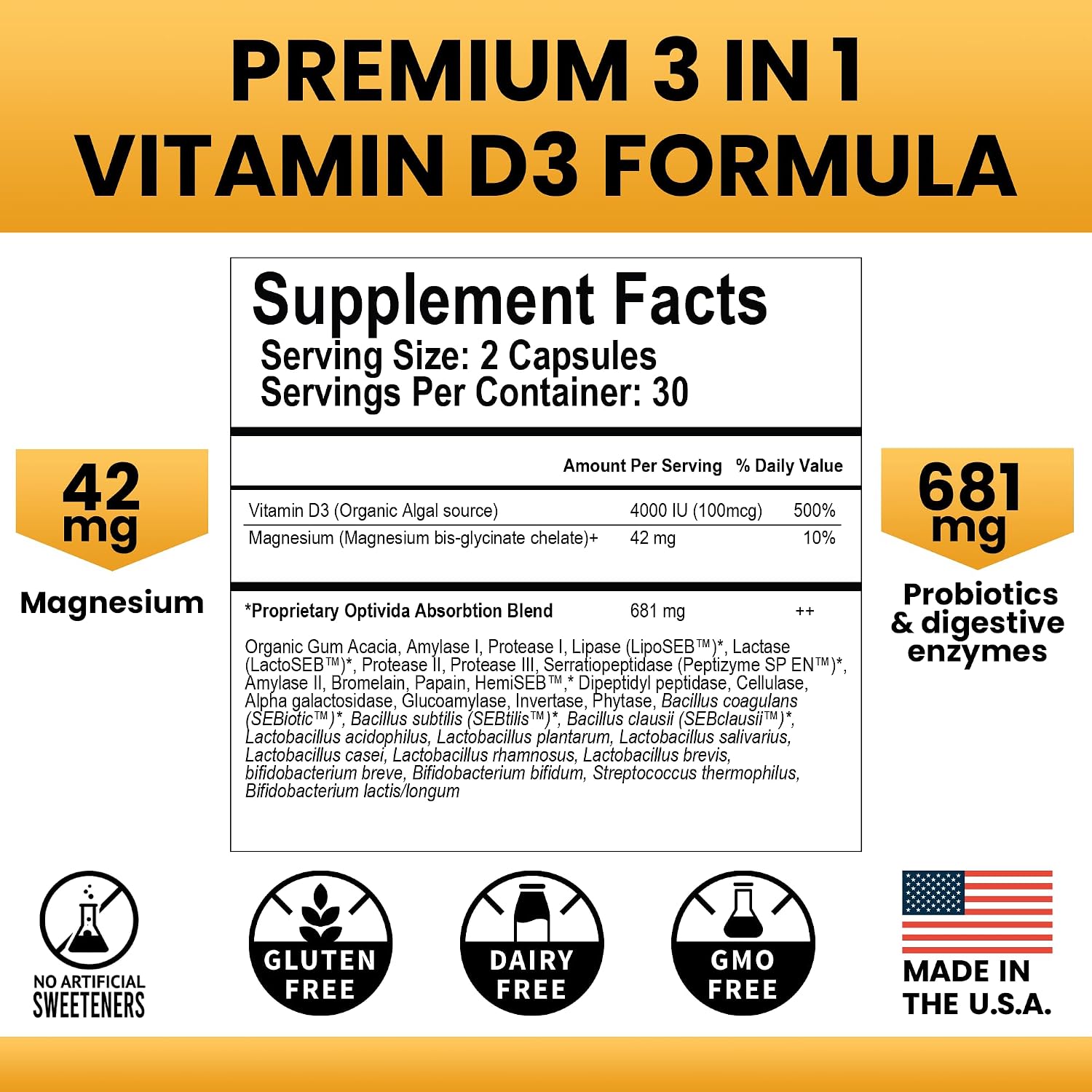 OPTIVIDA Vitamina D3 Vegana 4000 UI con Magnesio, Probióticos y Enzimas Digestivas - 60 Cápsulas