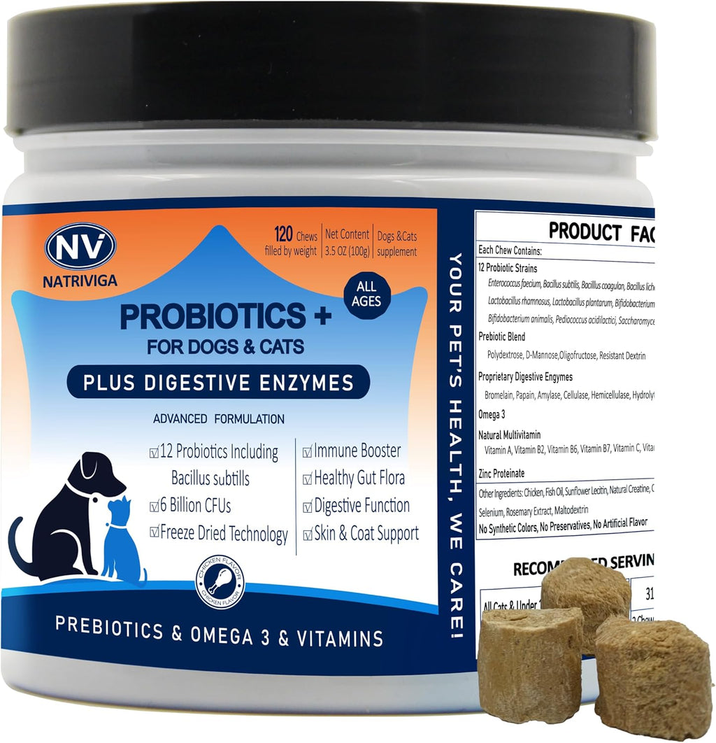Probióticos liofilizados para perros - Apoya la salud digestiva, piel, alergias e inmunidad - con enzimas digestivas, omega-3, zinc y prebióticos - 120 masticables sabor pollo