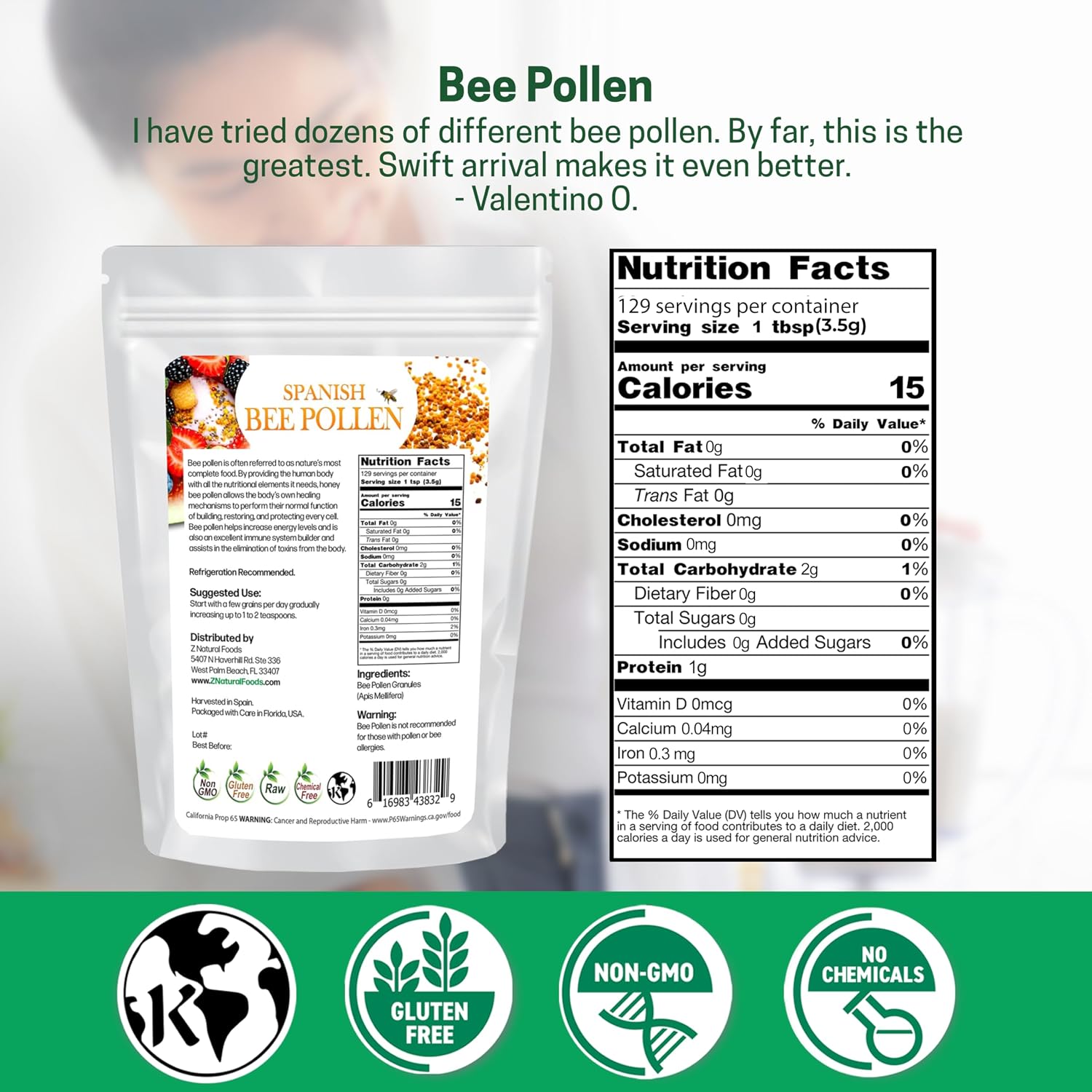 Gránulos de Polen de Abeja Español Puro y Crudo de Z Natural Foods - 454 g (1 lb)