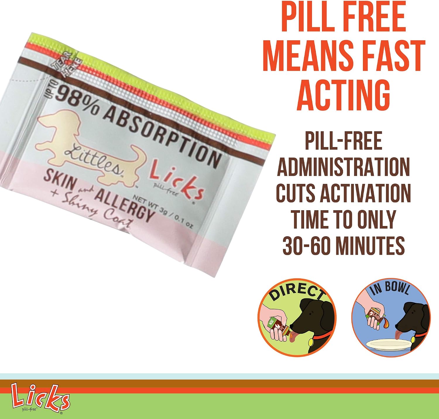 Licks Littles Skin & Allergy - Apoyo para la piel, el pelaje y las alergias estacionales en perros pequeños - Omega 3, Cúrcuma, Inositol y Vitamina C - Sobres de gel sin pastillas - Sabor a pescado - 30 sobres