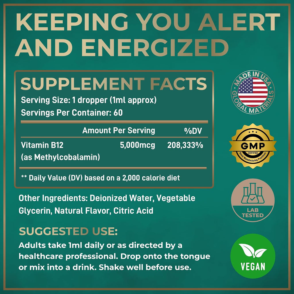 WILD FUEL Gotas de Vitamina B12 Líquida Vegana - 5000 mcg Metilcobalamina Sublingual - Apoyo Energético y Cognitivo - Sabor Cítrico Natural - 60 ml