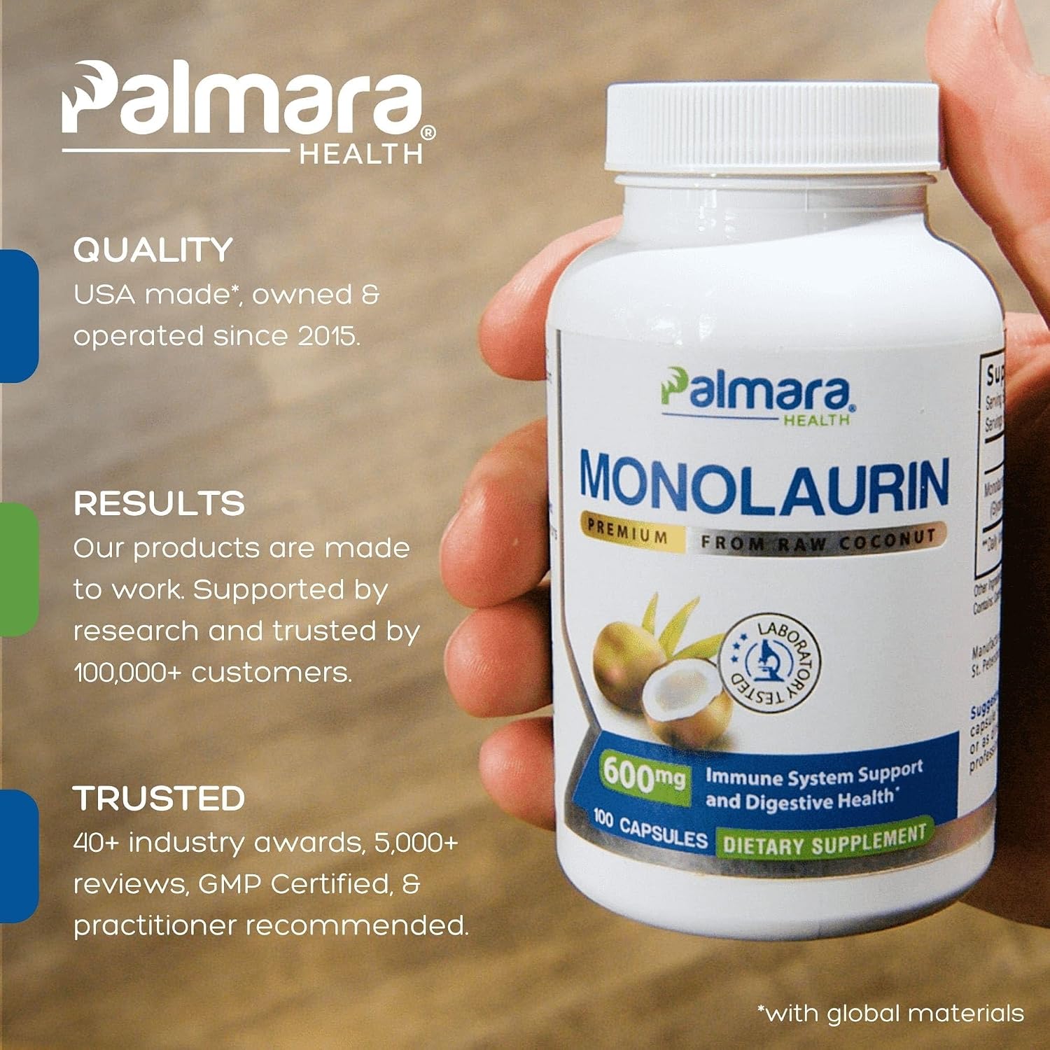 Palmara Health Monolaurin Premium 1200 mg por dosis (2 cápsulas) – 100 Cápsulas