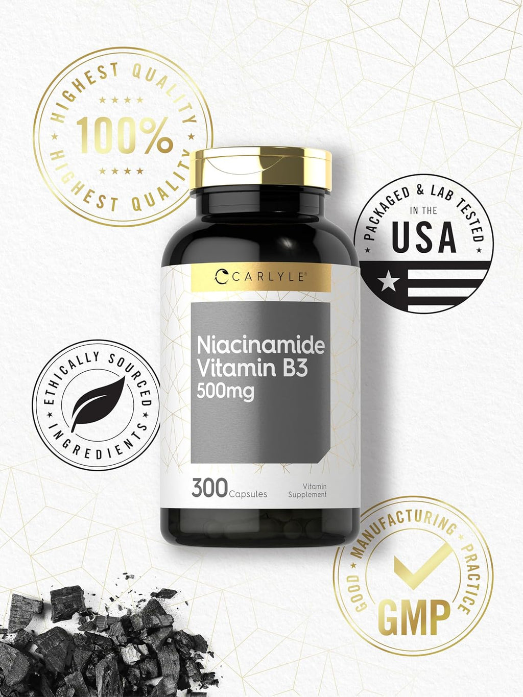 Carlyle Niacinamida 500 mg, 300 cápsulas - Suplemento de Vitamina B3