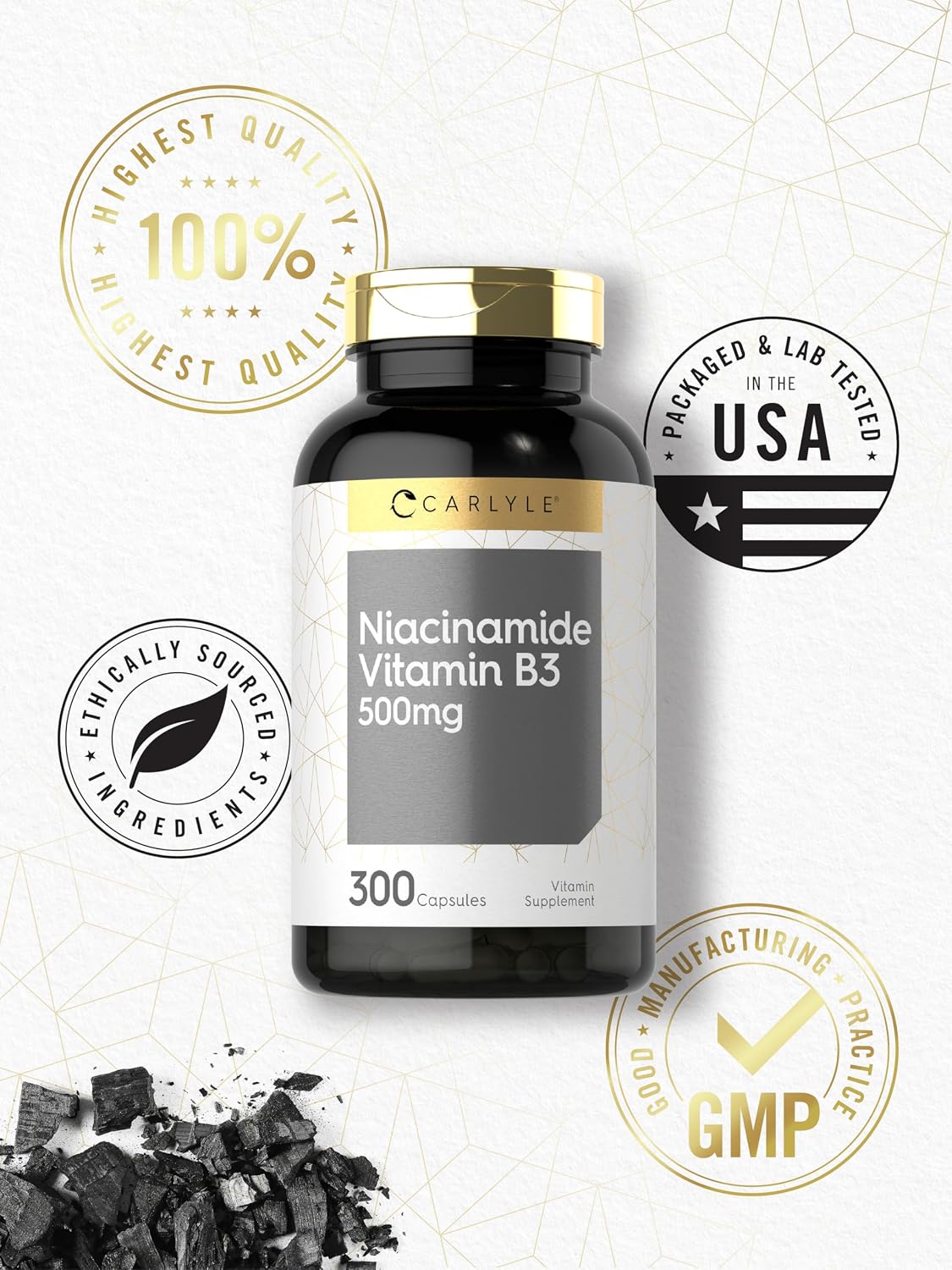 Carlyle Niacinamida 500 mg, 300 cápsulas - Suplemento de Vitamina B3