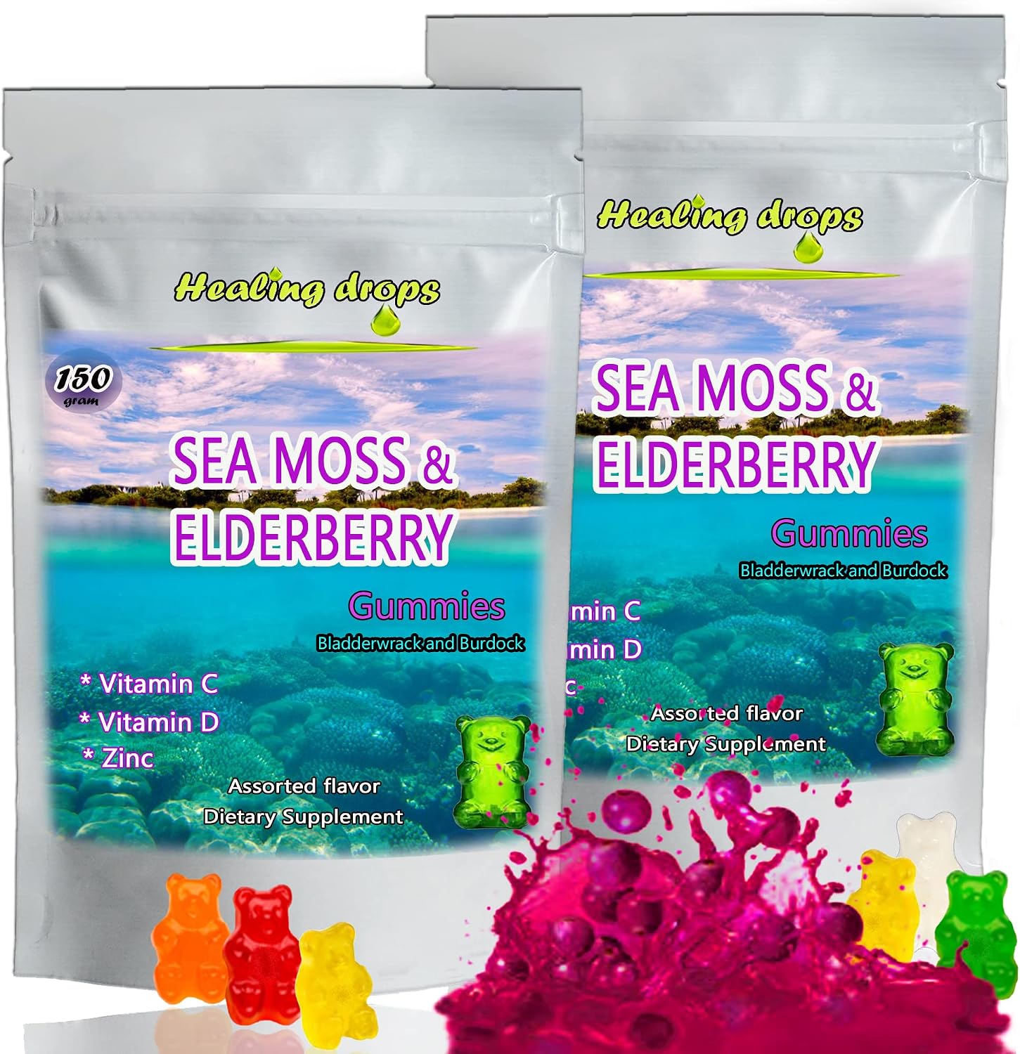 Irish Sea Moss Gummies - Orgánicas, Wildcrafted, Veganas - con Bladderwrack y Burdock Root (Saúco)