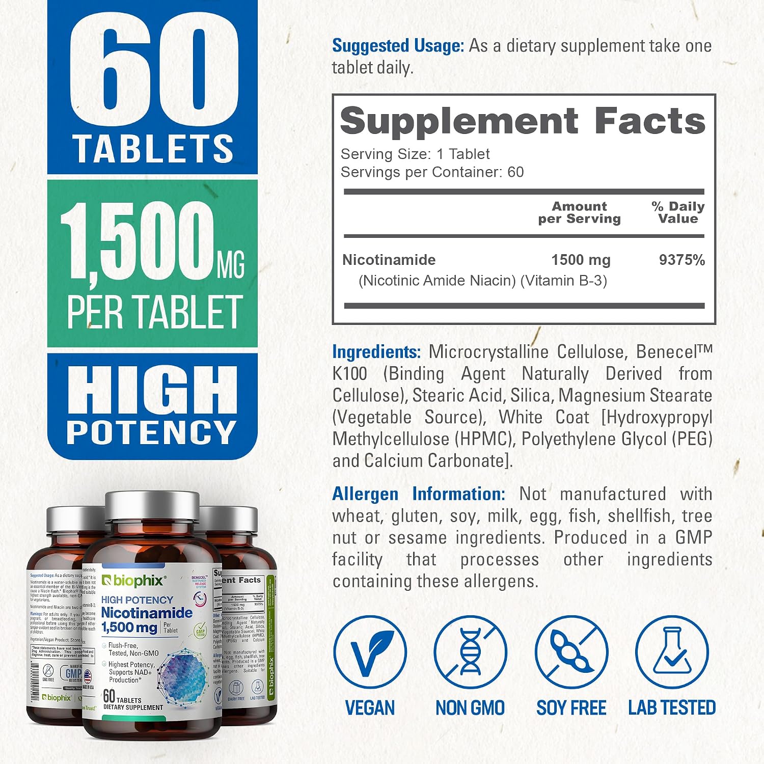 biophix B-3 Nicotinamida 1500 mg 60 Comprimidos - Fórmula Sin Flush