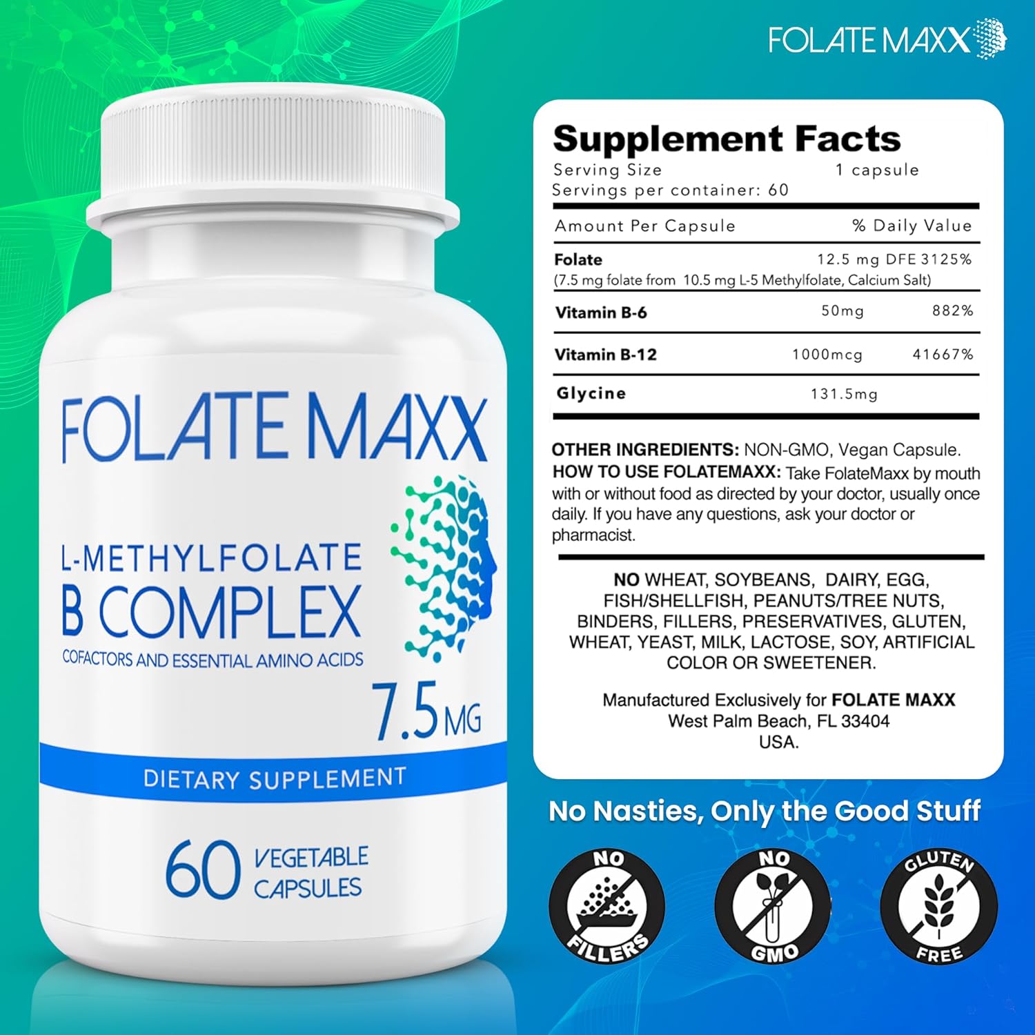 L-Metilfolato 7.5mg con Complejo B Activo - 60 Cápsulas - Alta Potencia 5-MTHF con Vitamina B6 y Metil B12 - 3 en 1, No OGM, Sin Gluten (Suministro para 2 Meses)