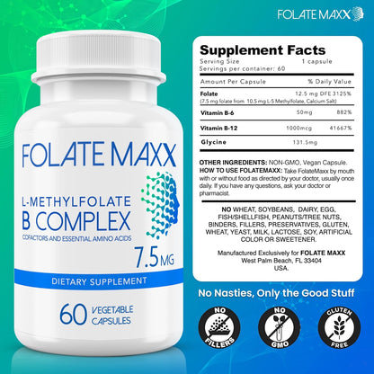 L-Metilfolato 7.5mg con Complejo B Activo - 60 Cápsulas - Alta Potencia 5-MTHF con Vitamina B6 y Metil B12 - 3 en 1, No OGM, – Image 4