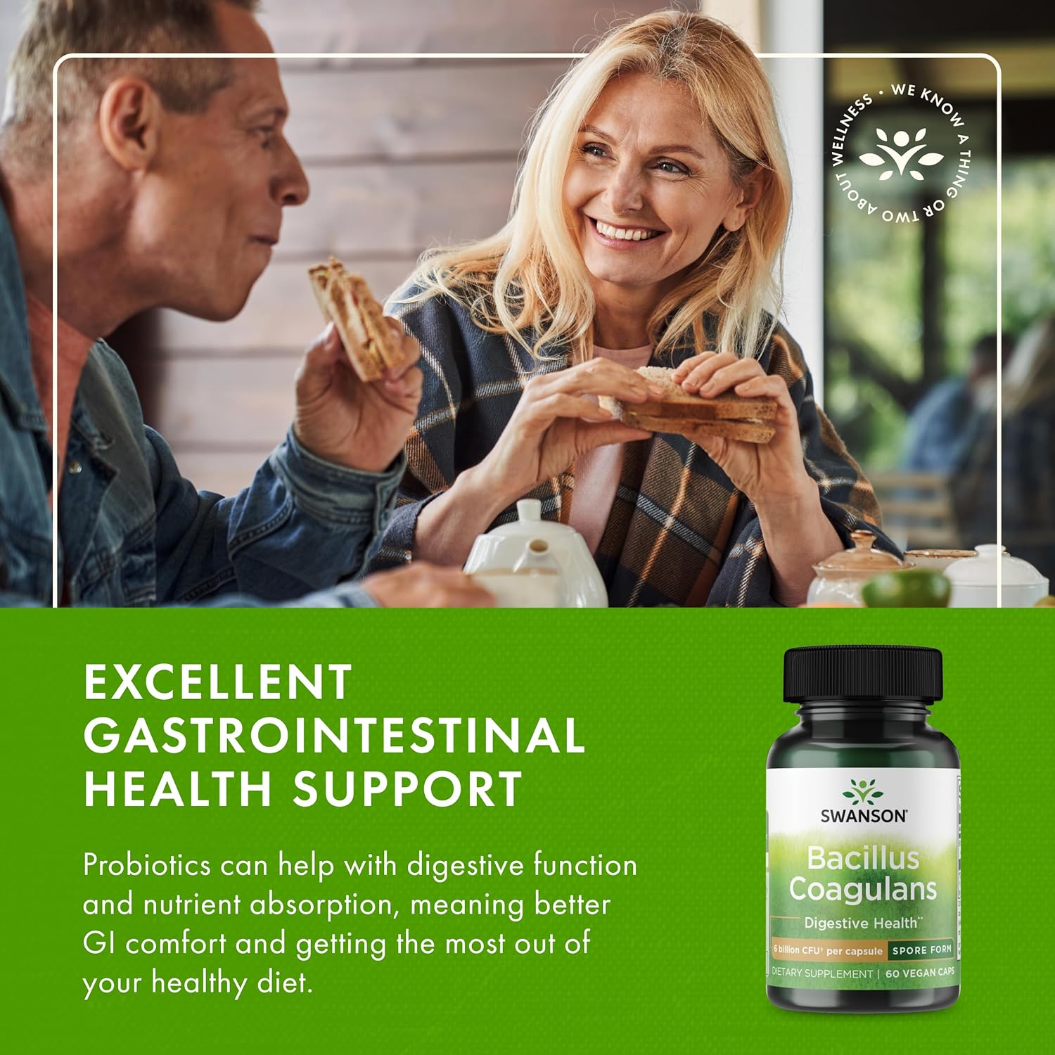 Swanson Bacillus Coagulans Spore-Form Probiotic - 6 Billones UFC - 60 Cápsulas Veganas