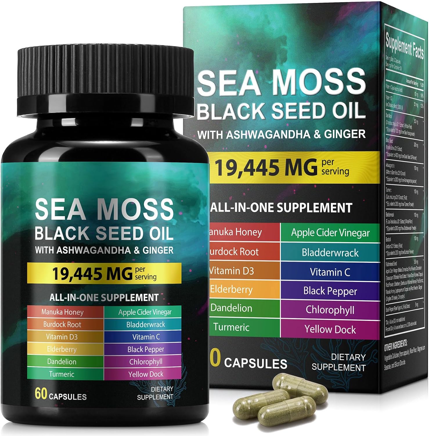 Sea Moss Black Seed Oil con Ashwagandha y Jengibre - 60 Cápsulas