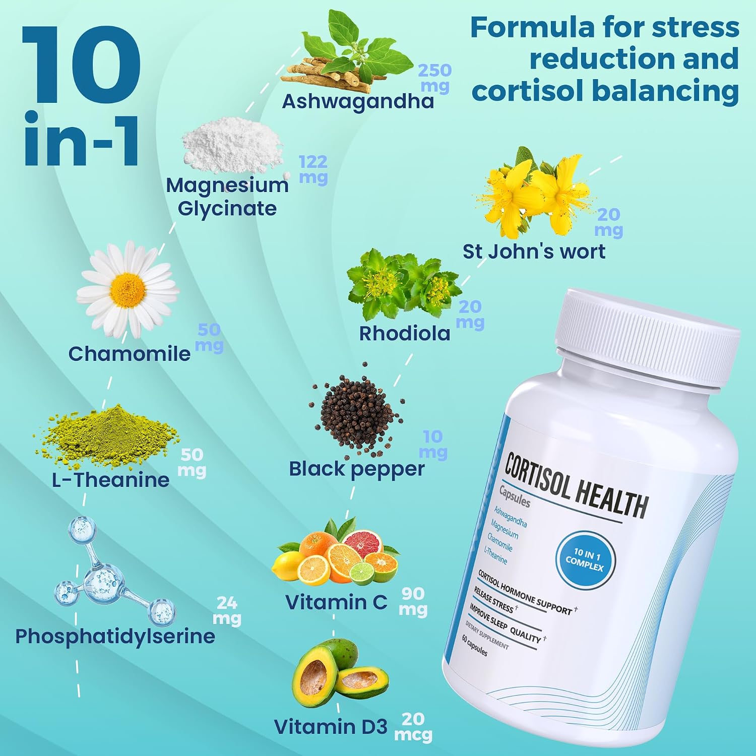 Welldiet 10-in-1 Cortisol Supplement with Magnesium, Ashwagandha, Chamomile, L-Theanine, St. John's Wort, Rhodiola – 60 Cápsulas
