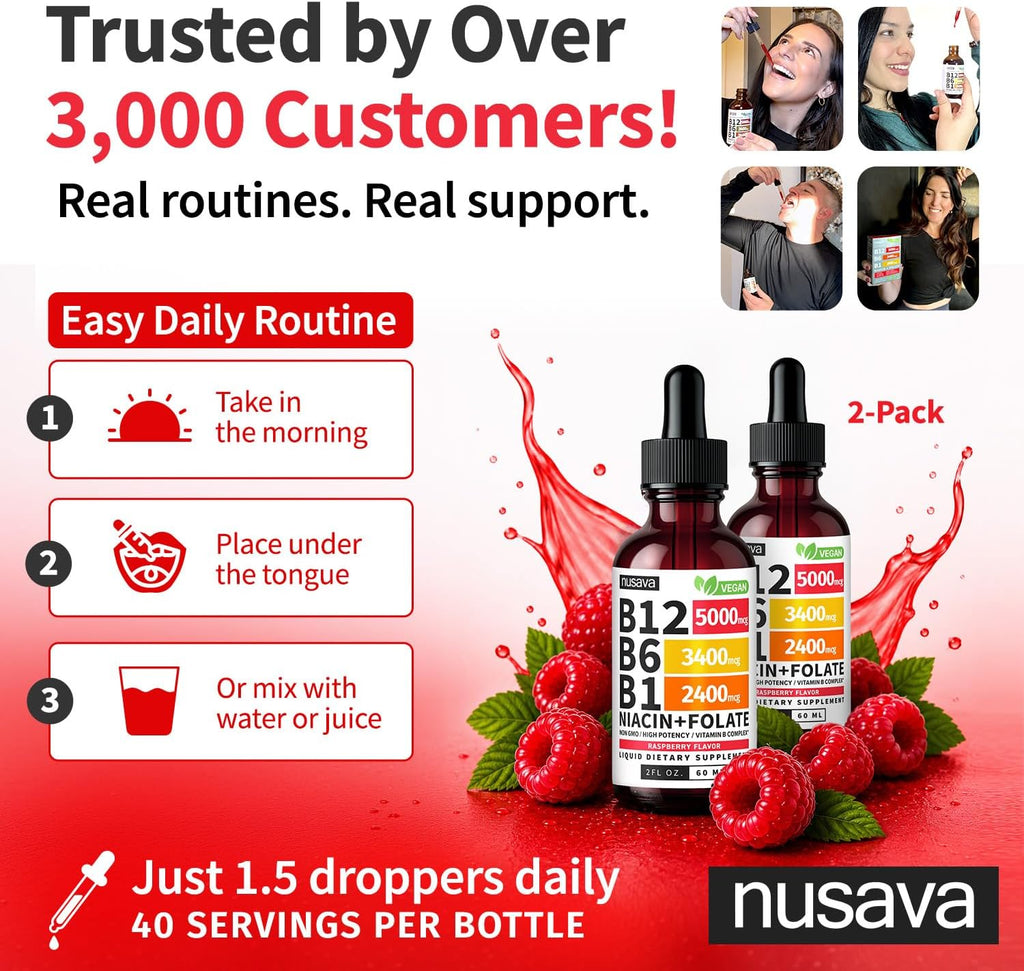 NUSAVA Complejo B Líquido con Vitamina B12, B6, B1, Niacina y Folato - Metilcobalamina 5000 mcg, Sabor Frambuesa, 80 Dosis