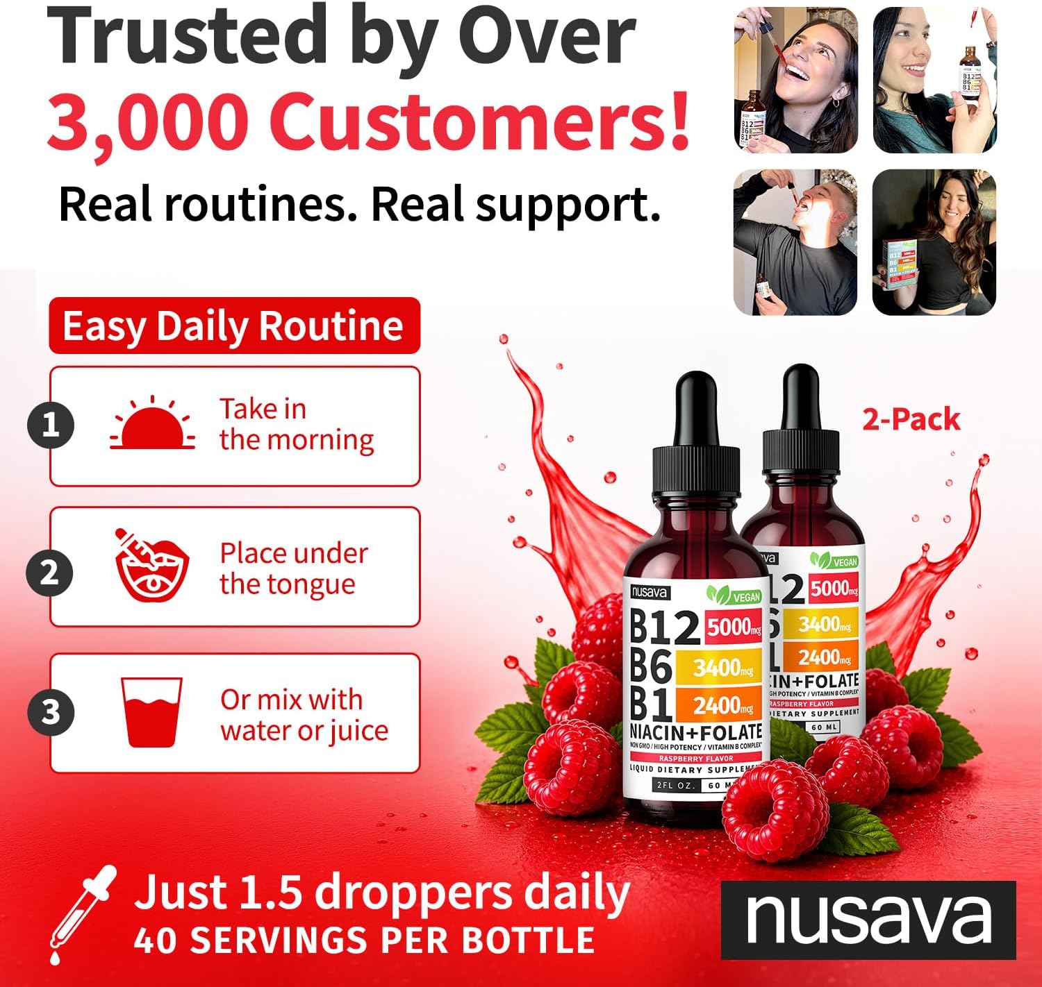 NUSAVA Complejo B Líquido con Vitamina B12, B6, B1, Niacina y Folato - Metilcobalamina 5000 mcg, Sabor Frambuesa, 80 Dosis