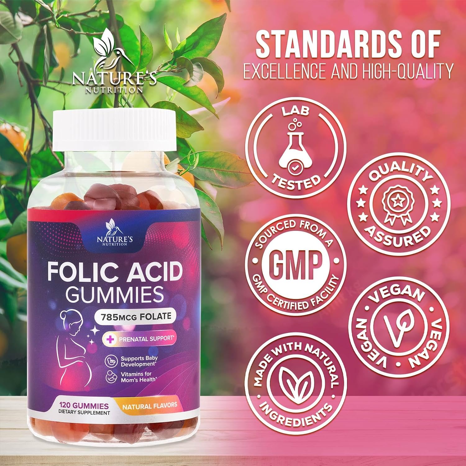 Nature's Nutrition Gominolas de Ácido Fólico - 785 mcg de Folato - Vitaminas Prenatales - 120 Gominolas de Naranja, Cereza y Uva