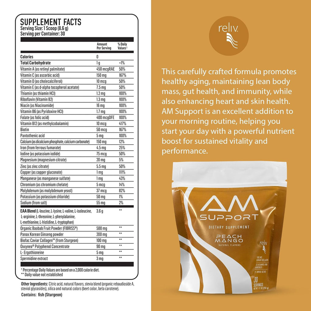 AM Support Mezcla Matutina de Nutrición – Cero Calorías Apoyo Nutricional GLP-1 con Vitaminas, Minerales, Aminoácidos, Fibra Prebiótica, Baobab, Ginseng y Colágeno Marino - Melocotón Mango - 30 Servicios