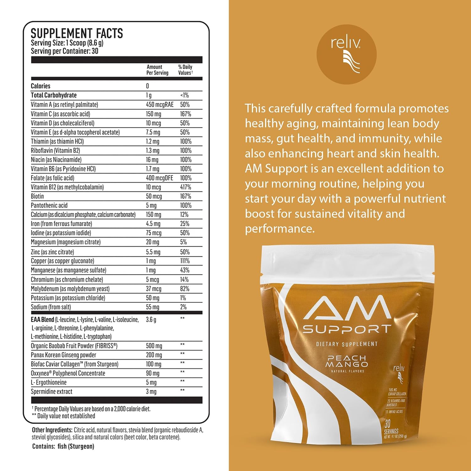 AM Support Mezcla Matutina de Nutrición – Cero Calorías Apoyo Nutricional GLP-1 con Vitaminas, Minerales, Aminoácidos, Fibra Prebiótica, Baobab, Ginseng y Colágeno Marino - Melocotón Mango - 30 Servicios