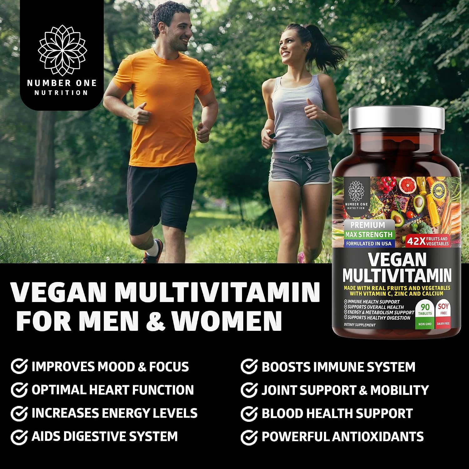 N1N Premium Multivitamínico Plant Based [42 Ingredientes] Multivitaminas para Hombres y Mujeres con Verduras, Frutas, Probióticos, Alfalfa, Equinácea, Espirulina y Enzimas, 90 Comprimidos