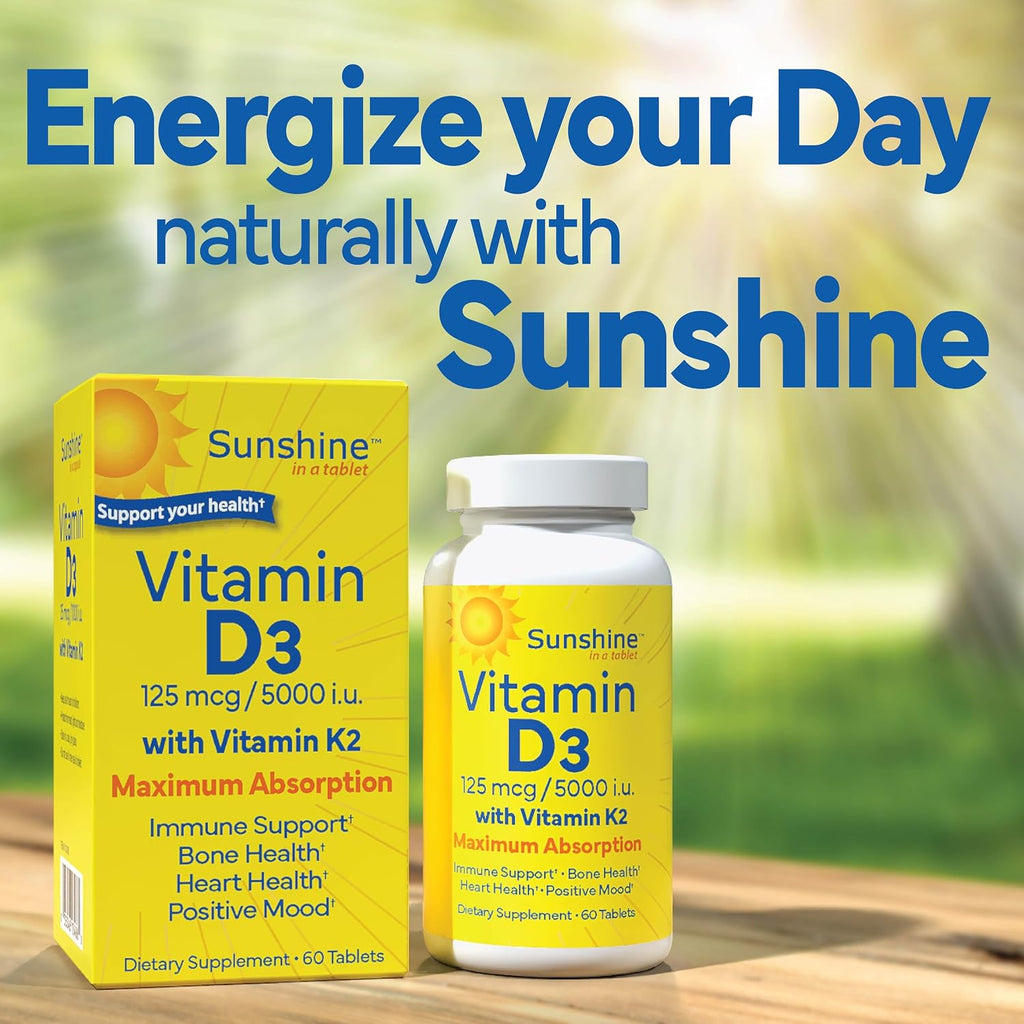 Sunshine Vitamina D3 con K2, 5000 UI D3 + 100 mcg K2, 60 Comprimidos