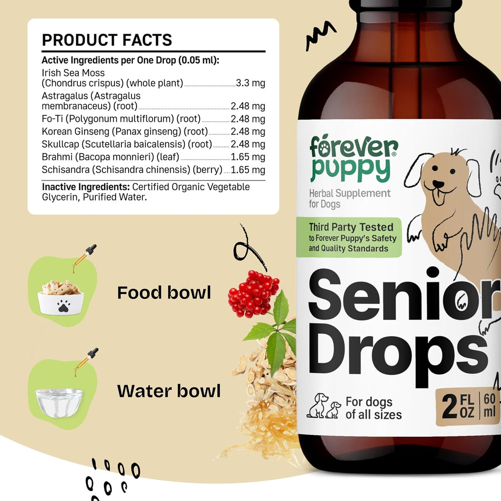Forever Puppy Senior Dogs Drops - Complejo de apoyo inmunológico y cerebral para perros mayores de todas las razas y tamaños - Vitaminas y suplementos para mascotas mayores - Suplementos alimenticios - 59 ml