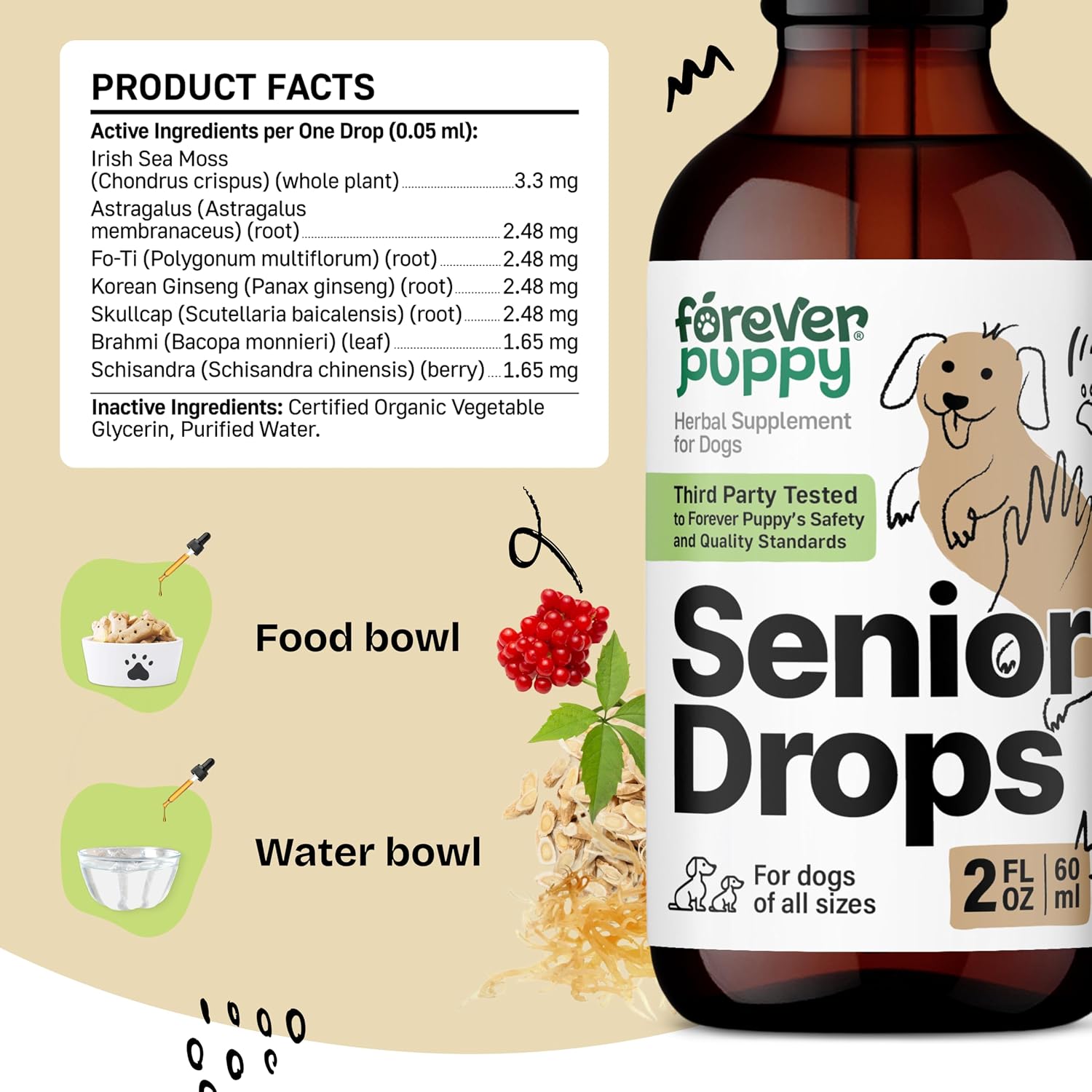 Forever Puppy Senior Dogs Drops - Complejo de apoyo inmunológico y cerebral para perros mayores de todas las razas y tamaños - Vitaminas y suplementos para mascotas mayores - Suplementos alimenticios - 59 ml