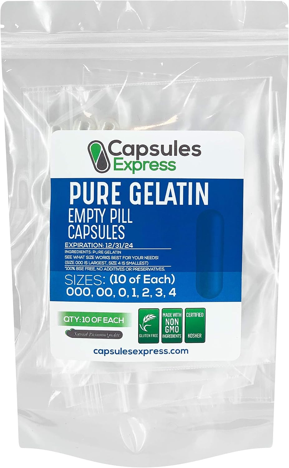 XPRS Nutra Cápsulas Vacías Transparentes Pack de Muestra - Diez de Cada Tamaño 000, 00, 0, 1, 2, 3, 4 - Cápsulas Vegetarianas Veganas para Rellenar Suplementos DIY