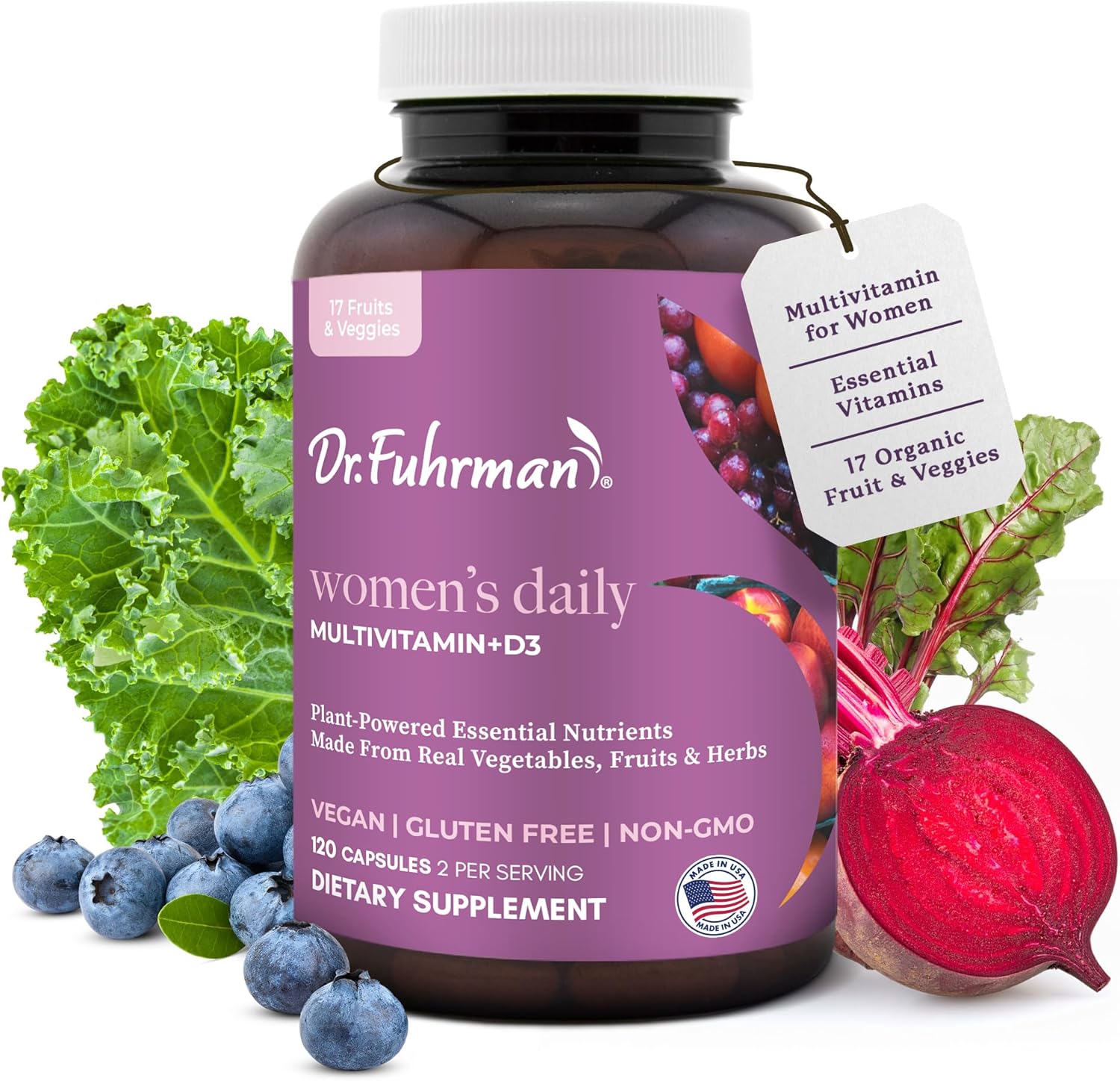 Dr. Fuhrman Multivitamin for All with D3 and Zinc - 2 Month Supply - Vegan Formula with 17 Fruits and Vegetables