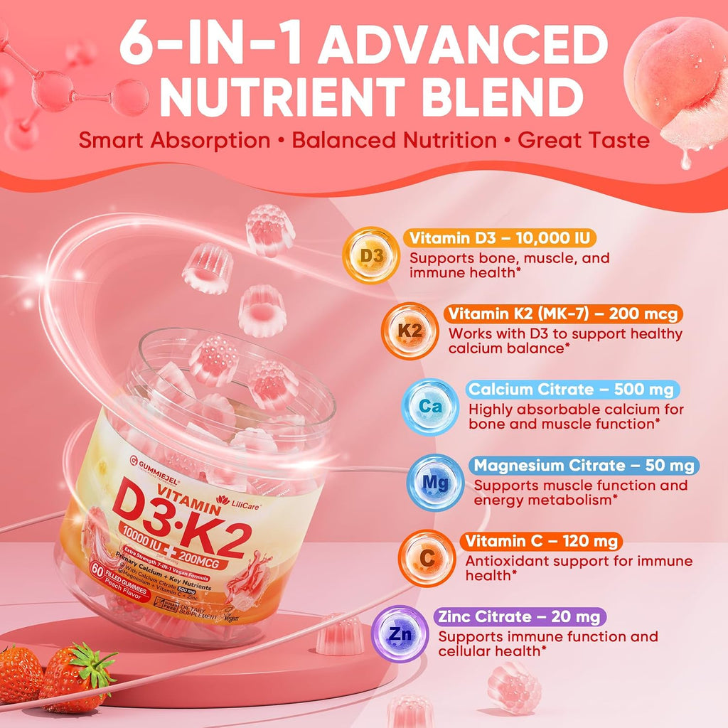 Vitamin D3 K2 Gummies con Calcio, Magnesio, Vitamina C y Zinc - 60 Gominolas Veganas