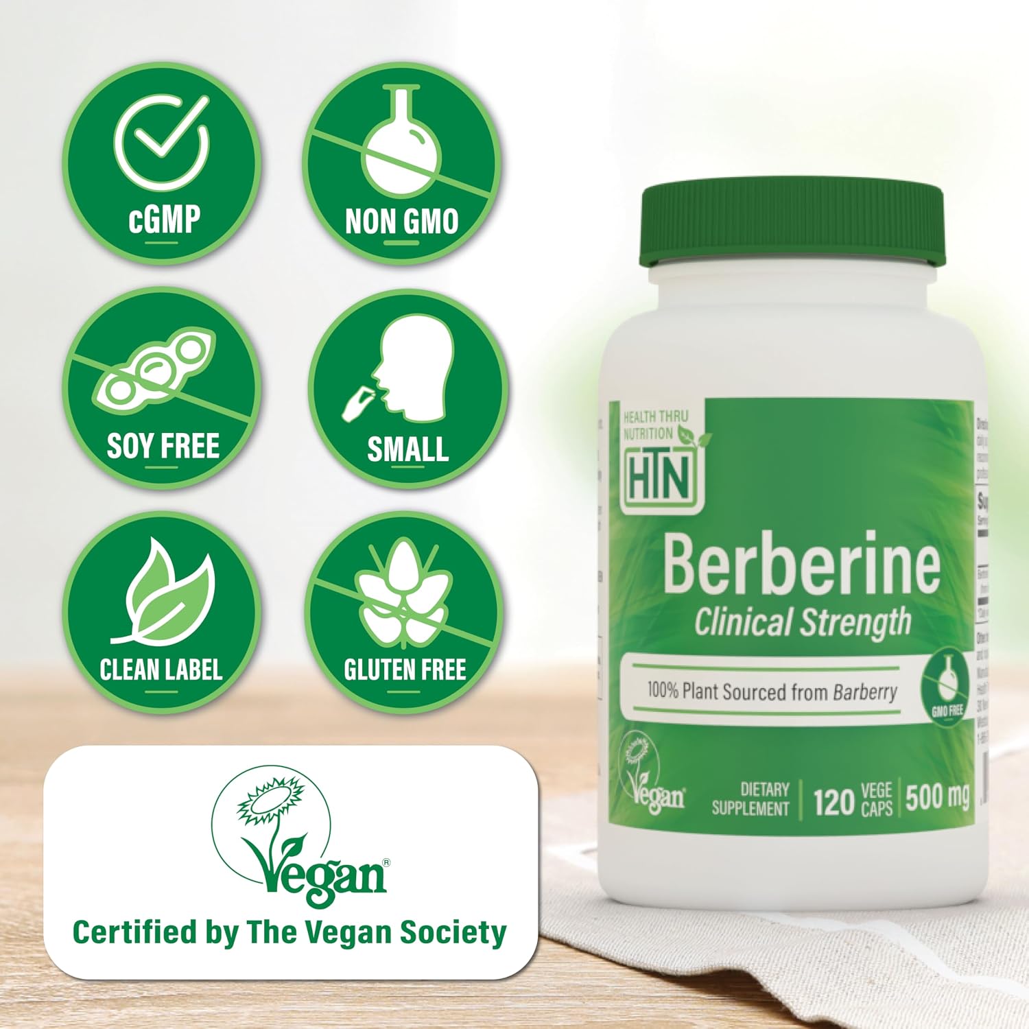 Health Thru Nutrition Berberine HCl 500mg 120 Capsules | High Potency Berberine Supplement | Certified Vegan | Non-GMO | Soy Free