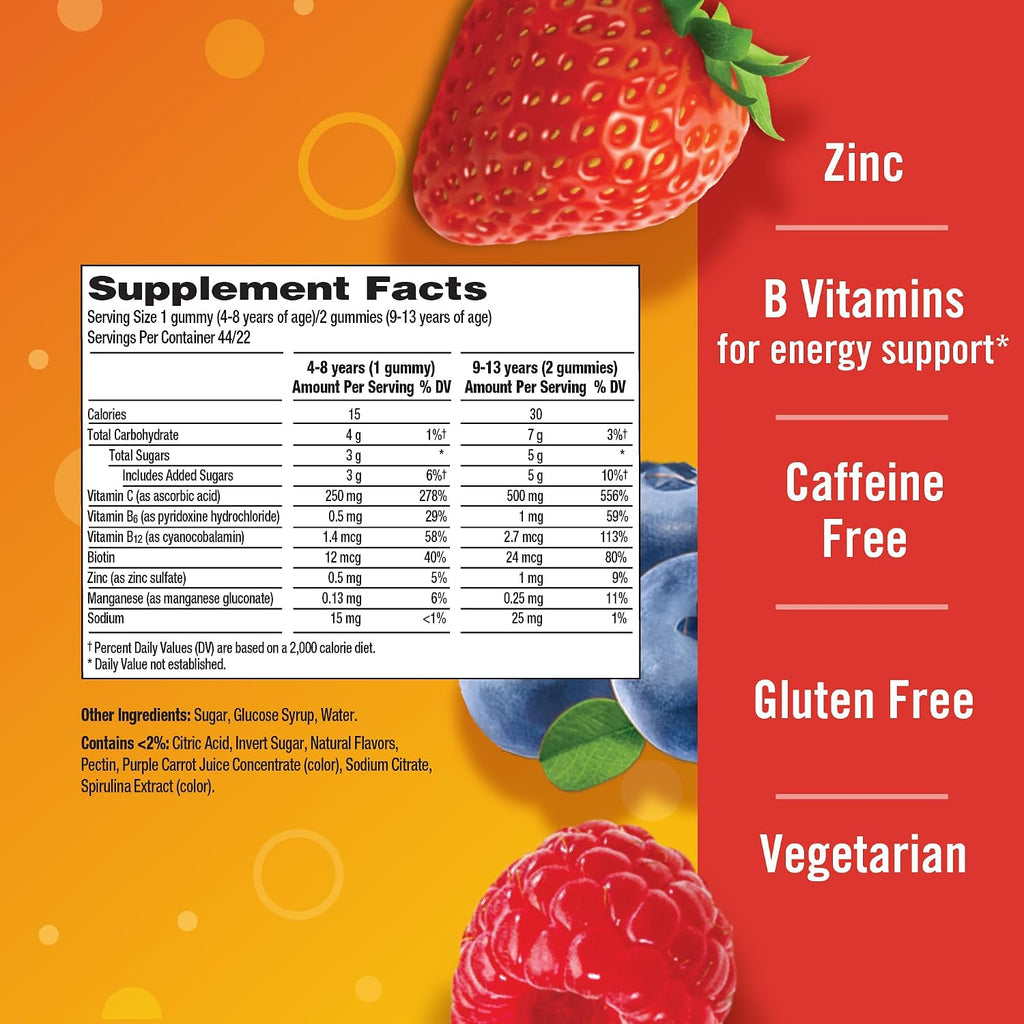 Emergen-C Kidz Gomitas de Apoyo Inmunitario con Vitamina C y B, Sabor Berry Bash, 44 uds