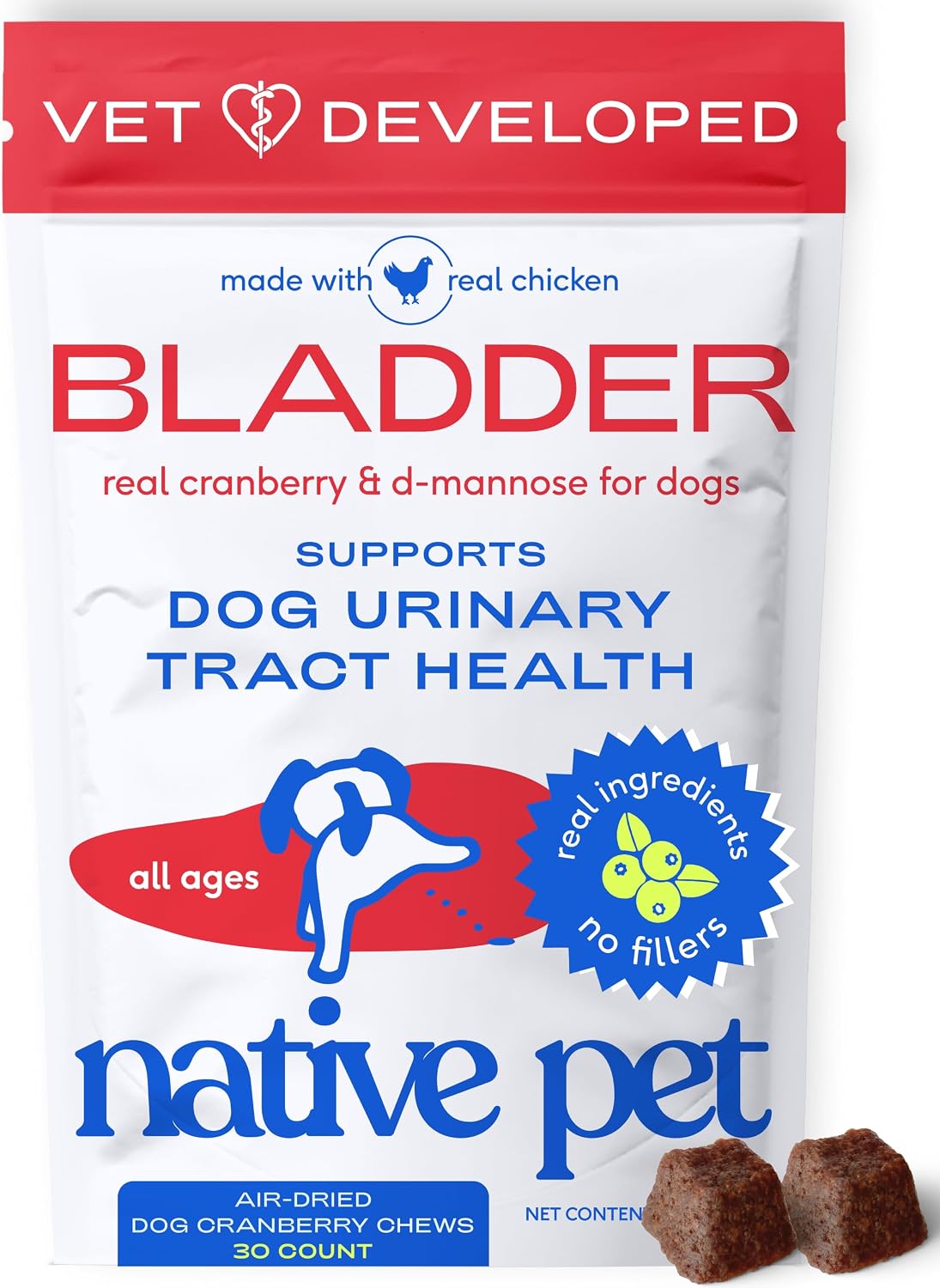 Native Pet Suplemento Urinario para Perros - Arándano, D-Mannosa y Probióticos - 120 Chews