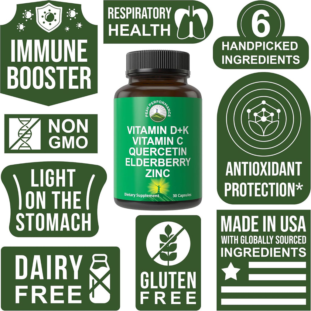 Peak Performance Immune Support – 6 en 1 con Vitamina D3 K2, C, Saúco, Zinc y Quercetina – 60 Cápsulas