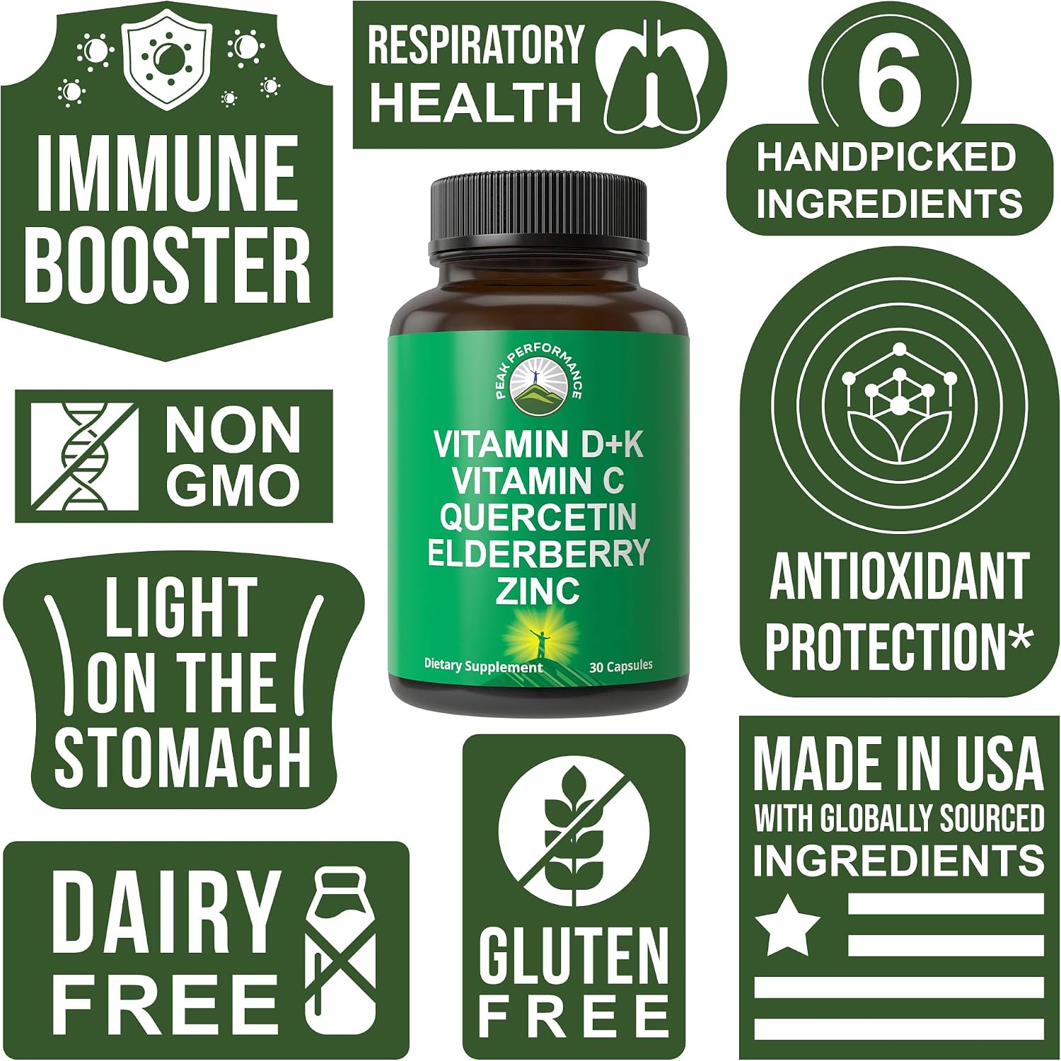 Peak Performance Immune Support – 6 en 1 con Vitamina D3 K2, C, Saúco, Zinc y Quercetina – 60 Cápsulas