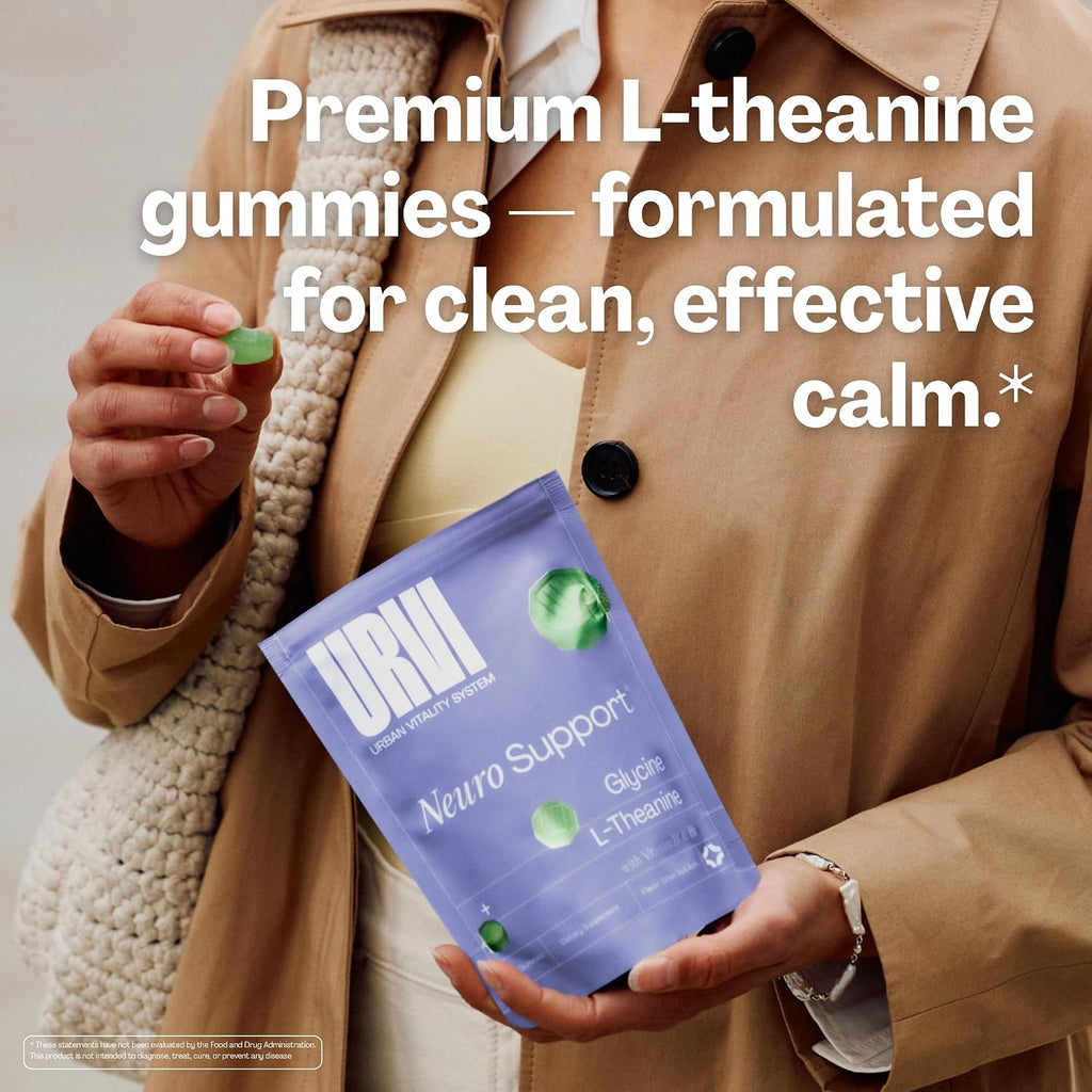 URVI® Neuro Gummies – 500mg Glicina, 150mg L-Teanina, Vitaminas B1 y B6 – Sin Cafeína ni Azúcar – Sabor Té Verde y Manzana – 60 Gominolas
