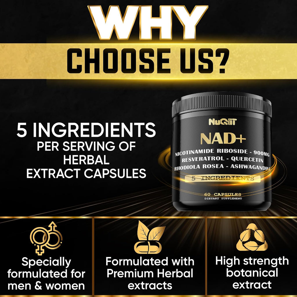 NUQIIT Suplemento NAD+ con Nicotinamida Ribósido, Resveratrol, Quercetina, Cúrcuma, Rhodiola Rosea - 60 Cápsulas